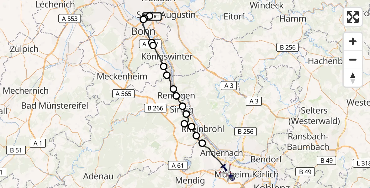 Flugroute Polizeihubschrauber Sankt Augustin - Andernach, 05 August 2026, 07:37