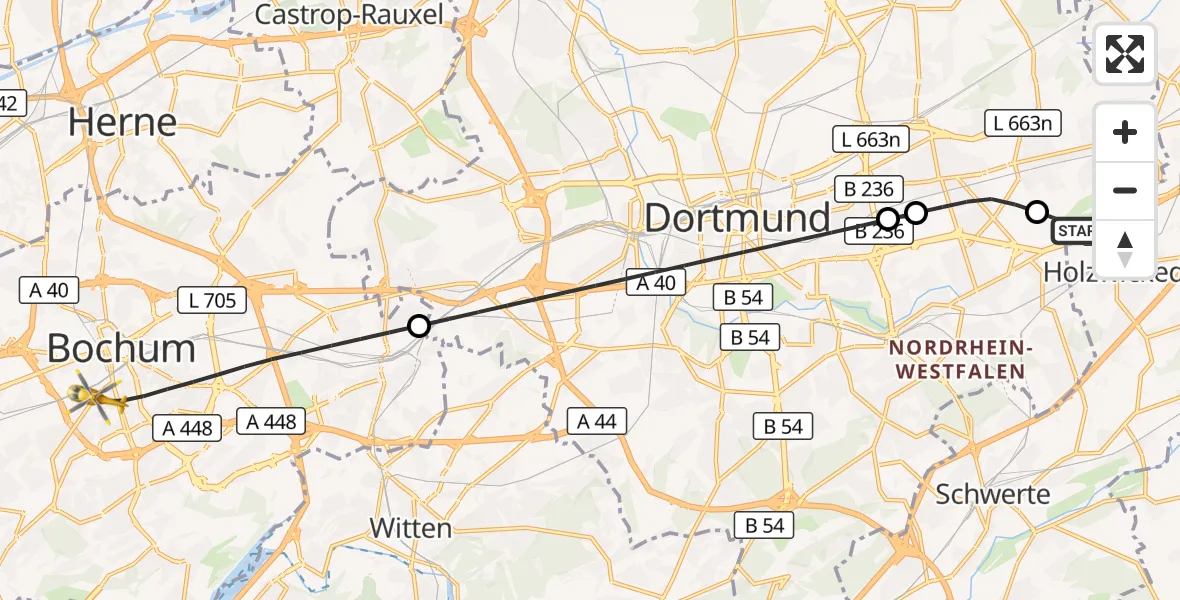 Flugroute Rettungshubschrauber Dortmund Flughafen - Bochum, 05 August 2026, 07:45