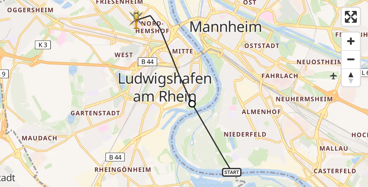 Flugroute Rettungshubschrauber Mannheim - Ludwigshafen am Rhein, 05 August 2026, 07:46