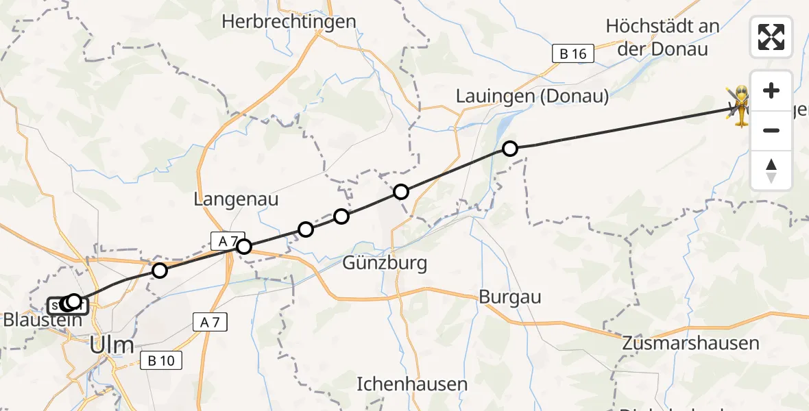 Flugroute Rettungshubschrauber Ulm Military Hospital Emergency - Binswangen, 05 August 2026, 07:46
