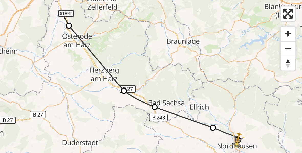 Flugroute Rettungshubschrauber Bad Grund (Harz) - Südharz Hospital Nordhausen, 05 August 2026, 07:56
