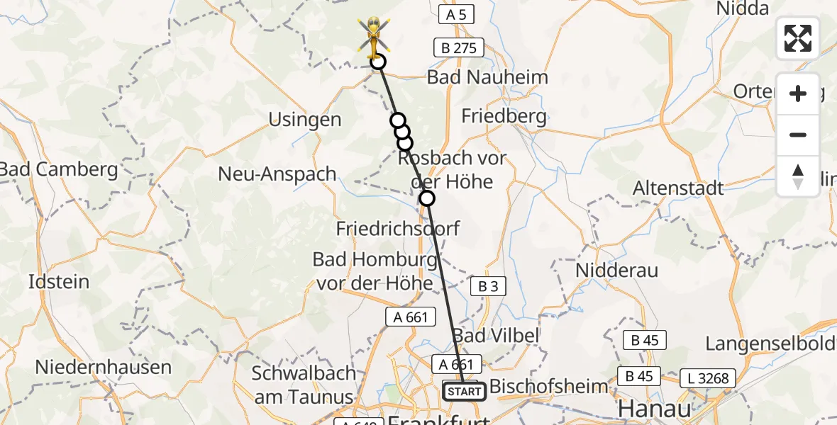 Flugroute Rettungshubschrauber Frankfurt am Main Accident Hospital Roof Helipad (CHX2) - Butzbach, 05 August 2026, 07:57
