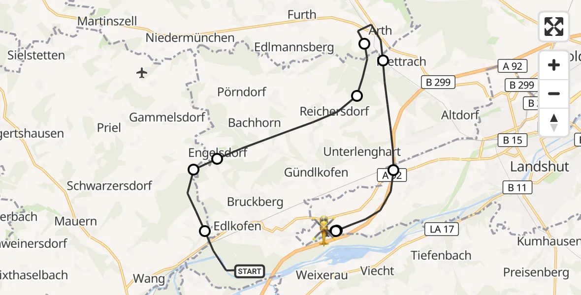 Flugroute Rettungshubschrauber Bruckberg - Landshut Flugplatz, 05 August 2026, 08:03
