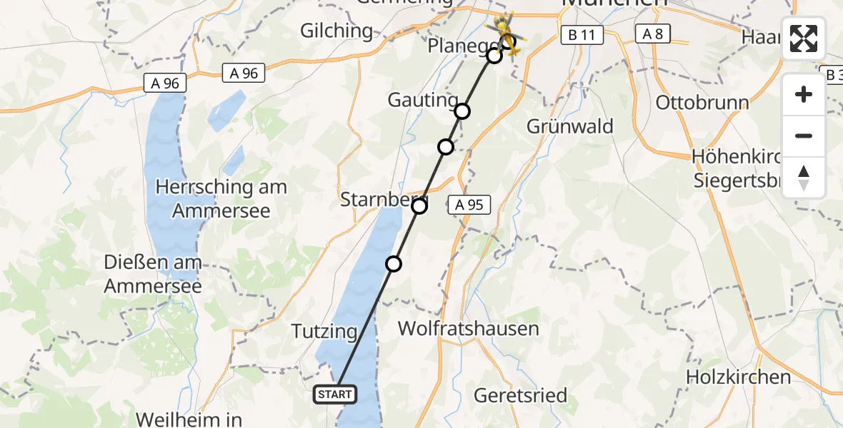 Flugroute Rettungshubschrauber Bernried am Starnberger See - DRF Air Rescue München Hubschrauberlandeplatz, 05 August 2026, 08:02