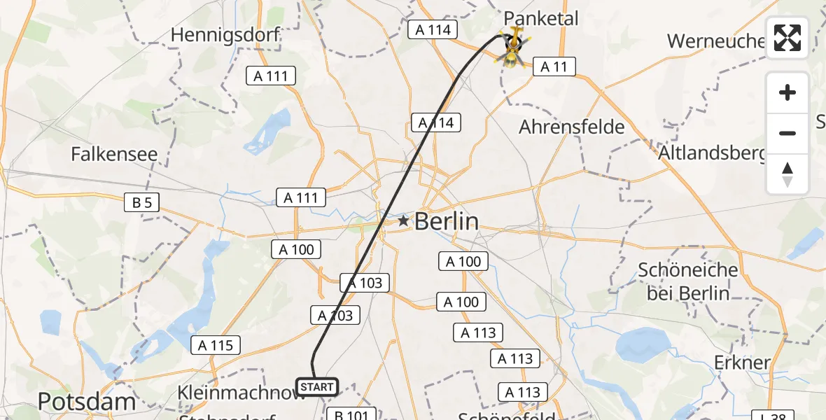 Flugroute Rettungshubschrauber Berlin - Helios Clinic Berlin-Buch, 05 August 2026, 08:11