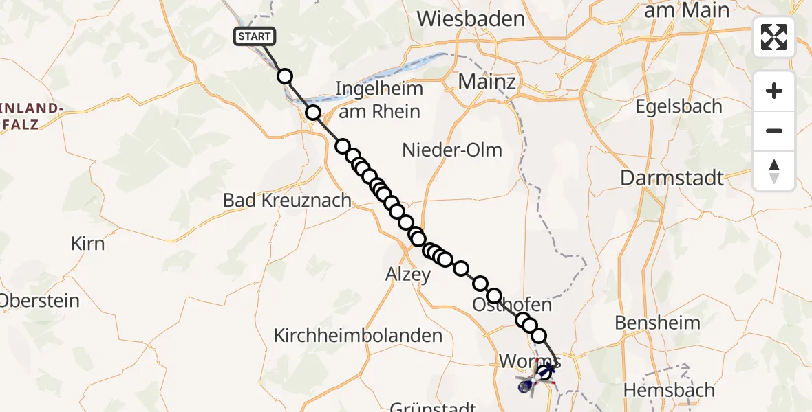 Flugroute Polizeihubschrauber Lorch - Worms, 05 August 2026, 08:16