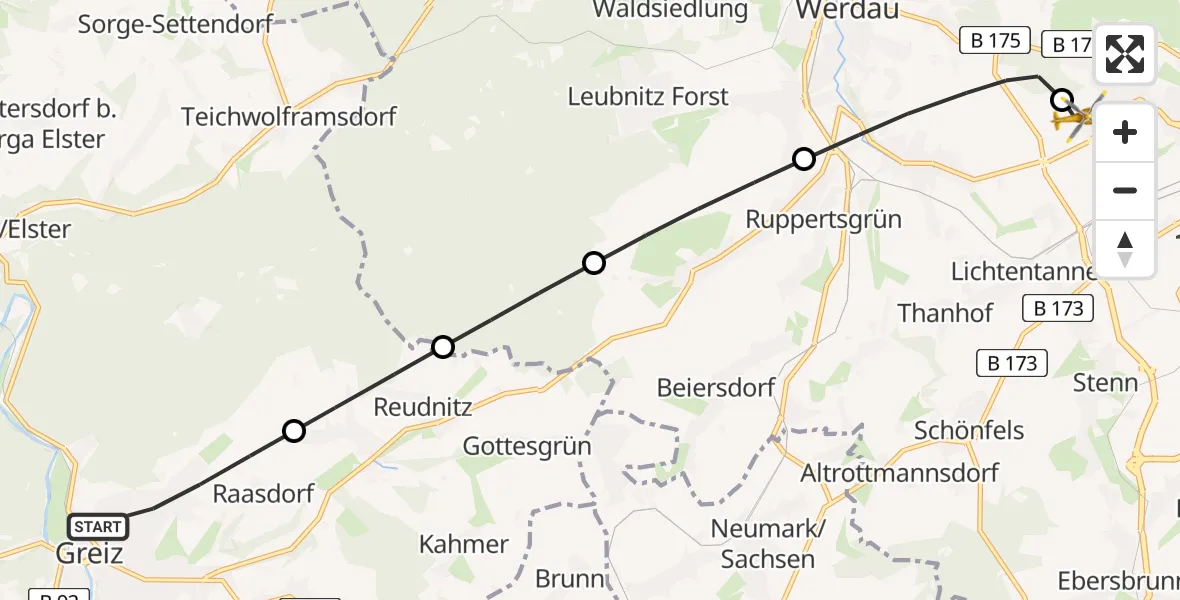 Flugroute Rettungshubschrauber Greiz - ADAC Air Rescue Station Zwickau Hubschrauberlandeplatz, 05 August 2026, 08:21