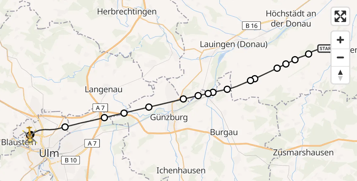 Flugroute Rettungshubschrauber Binswangen - ADAC Air Rescue Station Ulm (Christoph 22), 05 August 2026, 08:27