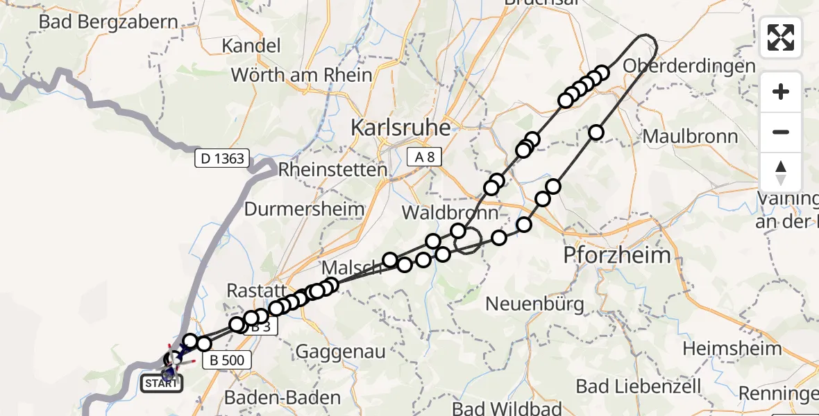Flugroute Polizeihubschrauber Karlsruhe Baden-Baden Flughafen - Hügelsheim, 05 August 2026, 08:42