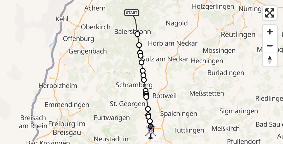 Flugroute Polizeihubschrauber Baiersbronn - Donaueschingen-Villingen Flugplatz, 05 August 2026, 08:46