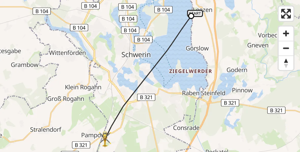 Flugroute Ambulanzhubschrauber Leezen - Schwerin, 05 August 2026, 08:56