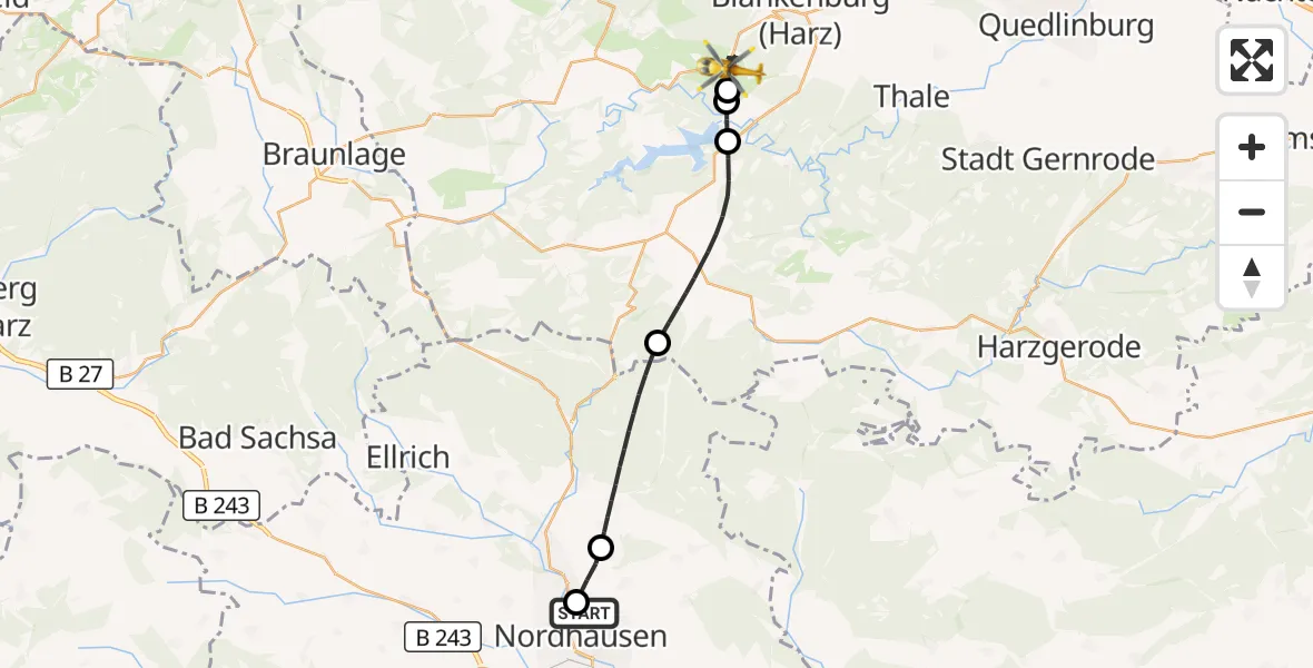 Flugroute Rettungshubschrauber Südharz Hospital Nordhausen - Blankenburg (Harz), 05 August 2026, 09:00