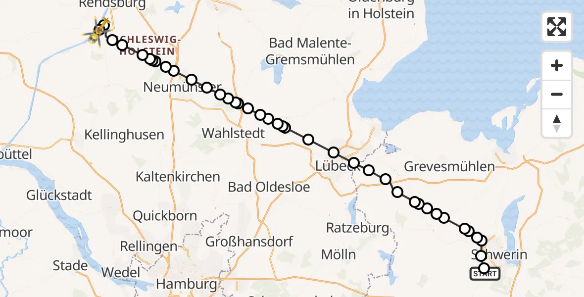 Flugroute Ambulanzhubschrauber Pampow - Hörsten, 05 August 2026, 09:02