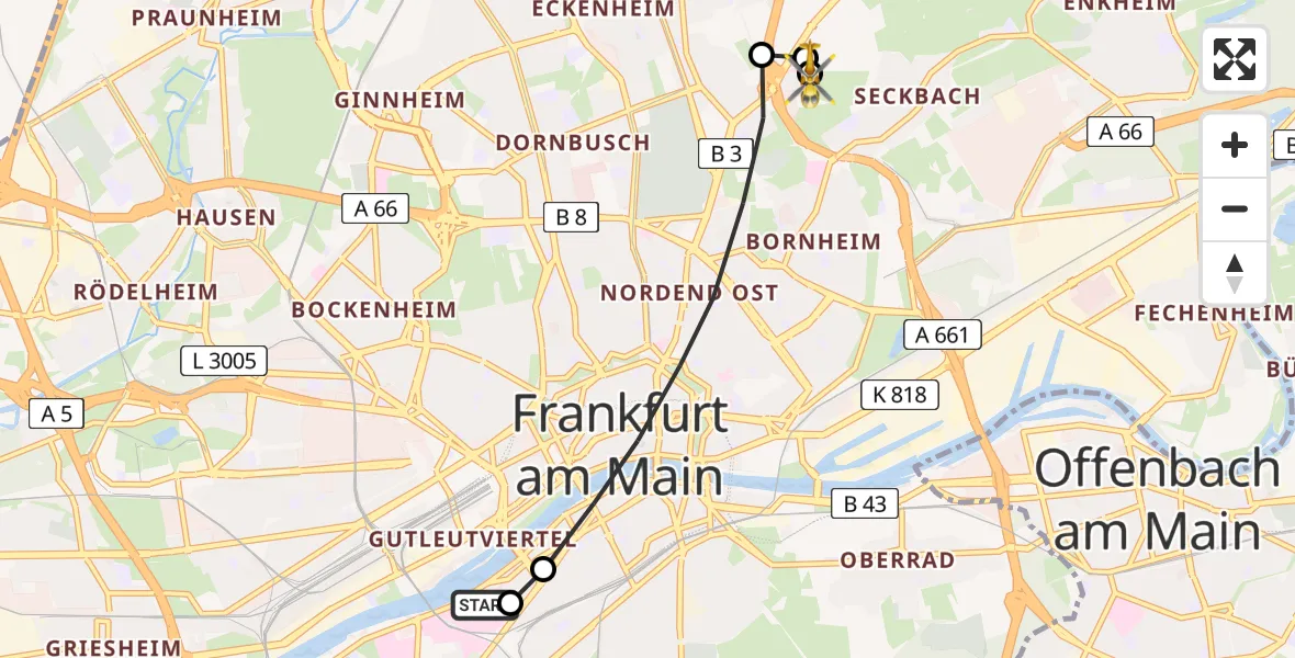 Flugroute Rettungshubschrauber Frankfurt University Hospital - Frankfurt am Main Accident Hospital Roof Helipad (CHX2), 05 August 2026, 09:05