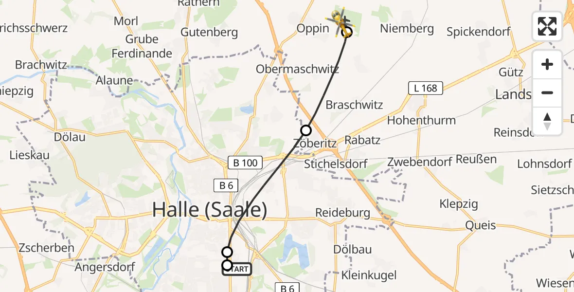 Flugroute Rettungshubschrauber BG Hospital Bergmannstrost Halle - Halle-Oppin Flugplatz, 05 August 2026, 09:07