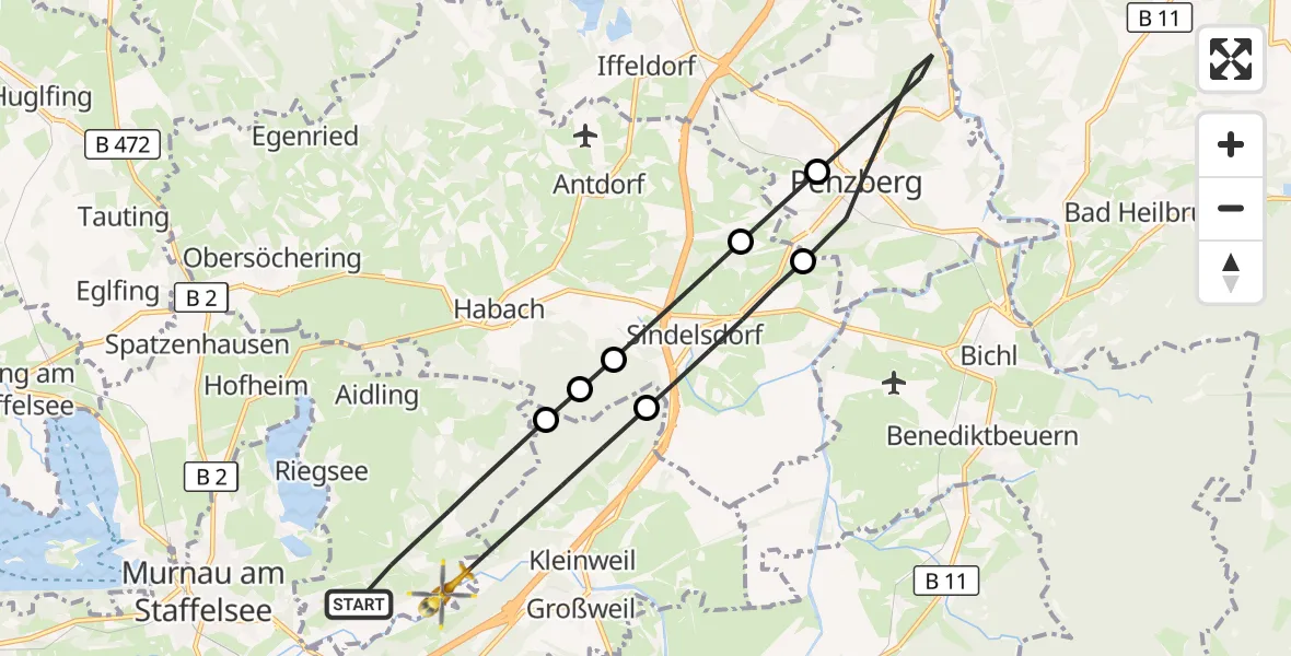 Flugroute Rettungshubschrauber Riegsee - Großweil, 05 August 2026, 09:08