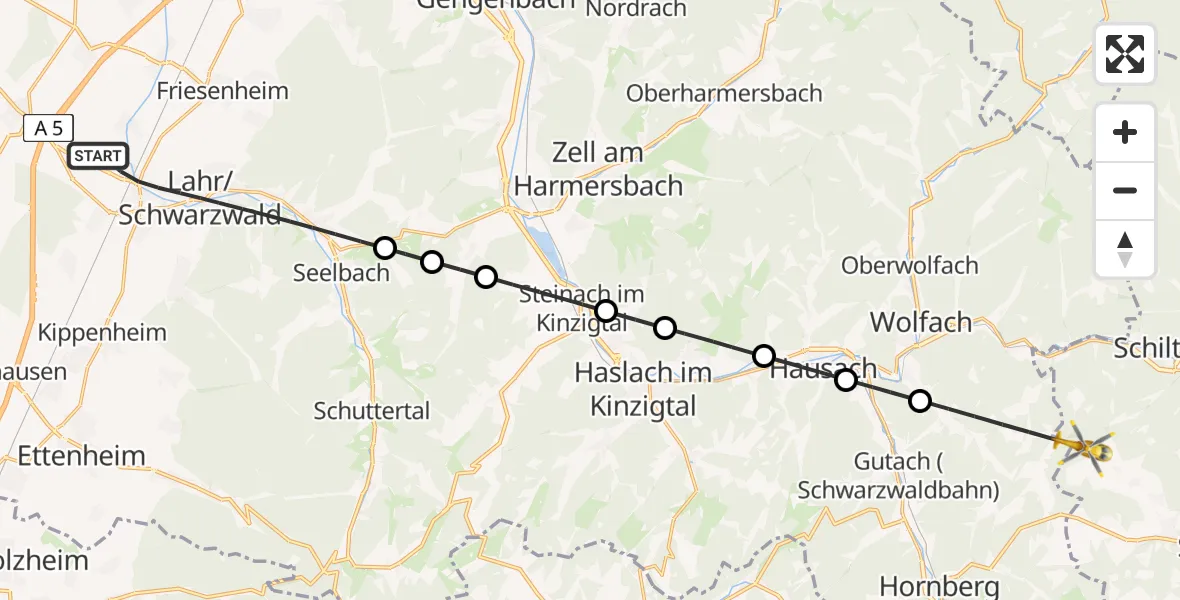 Flugroute Rettungshubschrauber Lahr/Schwarzwald - Lauterbach, 05 August 2026, 09:26