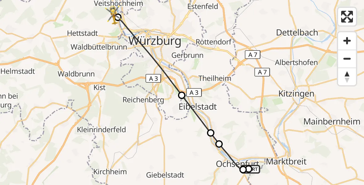 Flugroute Rettungshubschrauber Ochsenfurt Hospital - Zell a.Main, 05 August 2026, 09:27