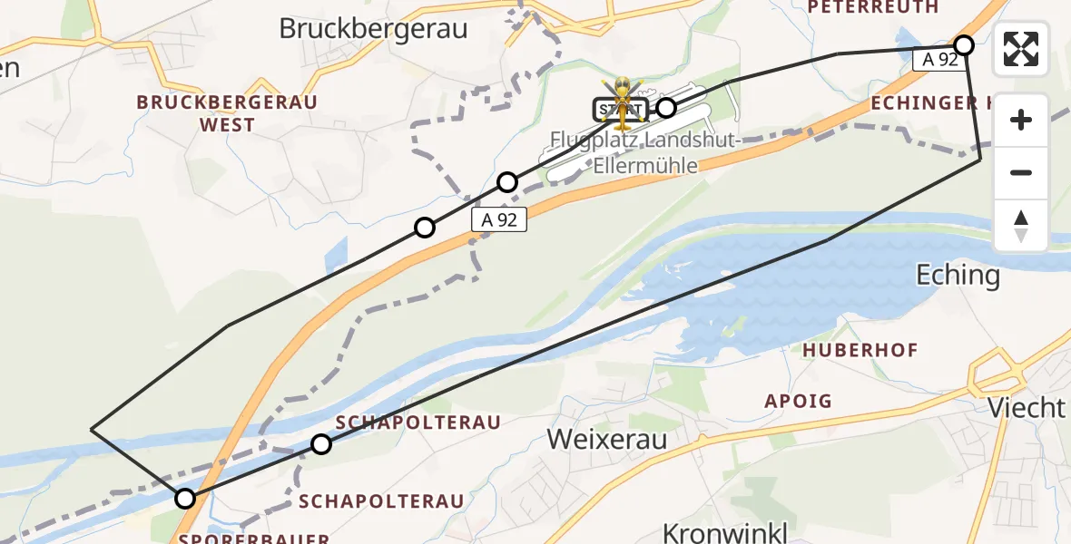 Flugroute Rettungshubschrauber Landshut Flugplatz - Landshut Flugplatz, 05 August 2026, 09:27