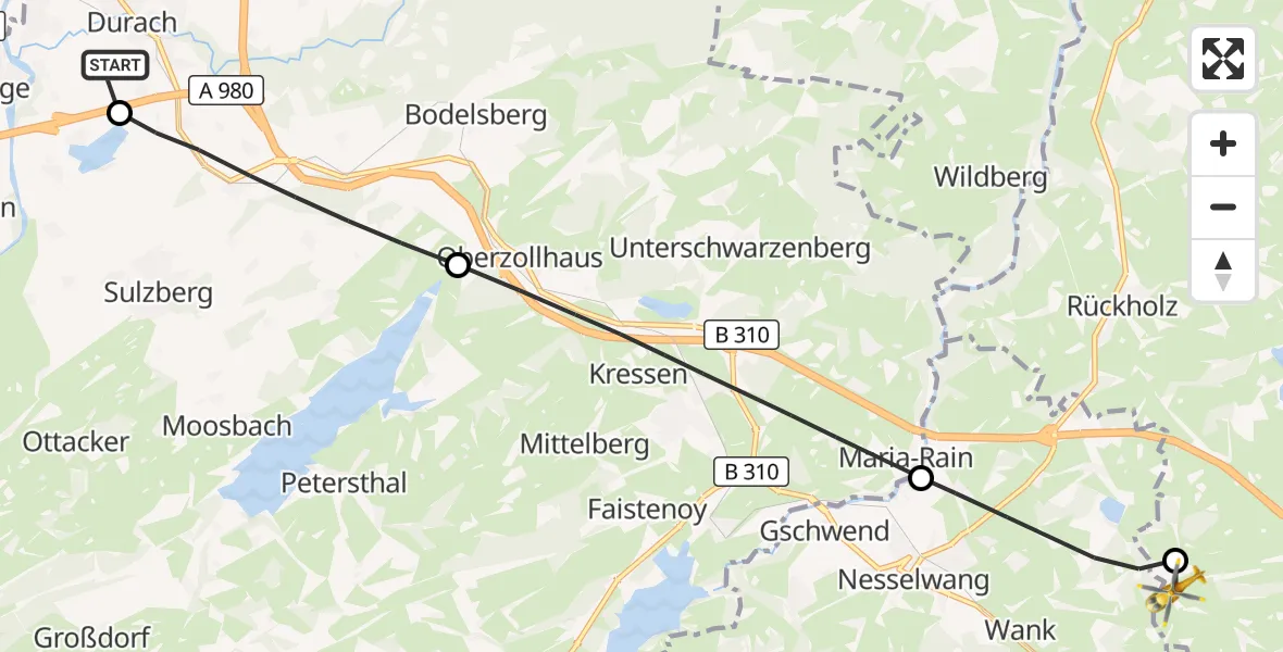 Flugroute Rettungshubschrauber Kempten-Durach Flugplatz - Eisenberg, 05 August 2026, 09:27