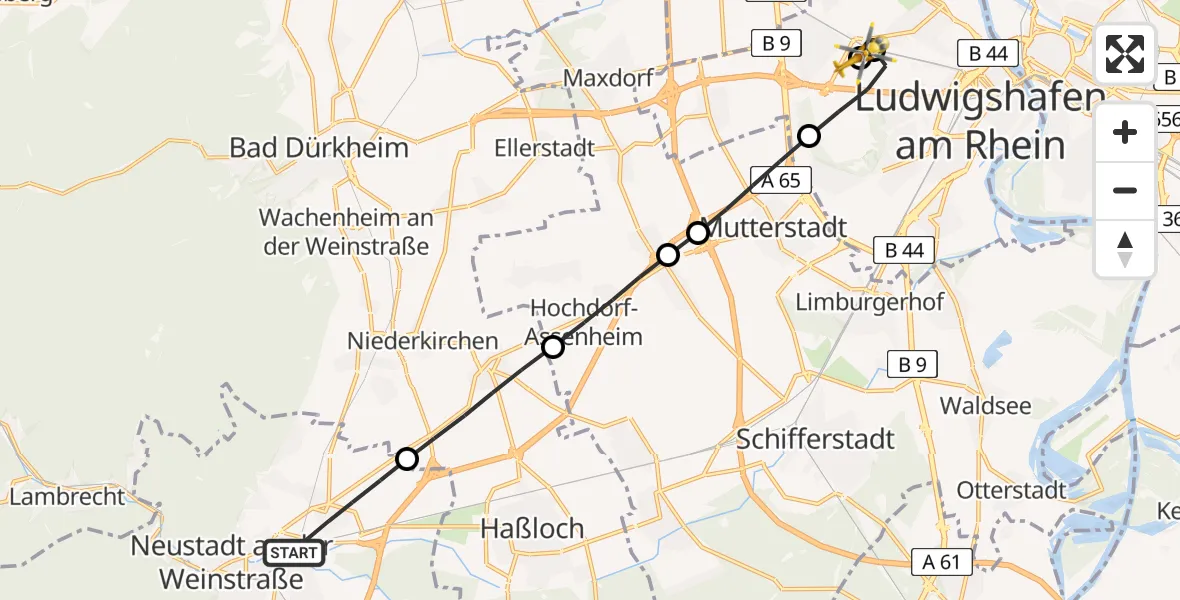 Flugroute Rettungshubschrauber Neustadt an der Weinstraße - Ludwigshafen Accident Hospital, 05 August 2026, 09:28