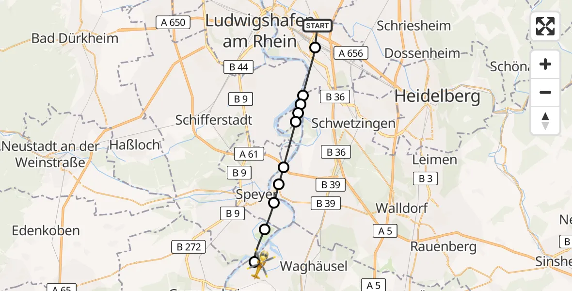 Flugroute Rettungshubschrauber Mannheim-City Flughafen - Philippsburg, 05 August 2026, 09:32