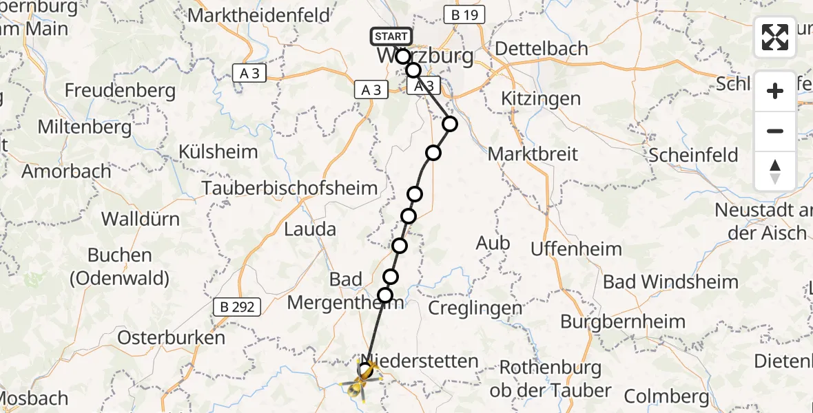Flugroute Rettungshubschrauber Zell a.Main - Mulfingen, 05 August 2026, 09:59