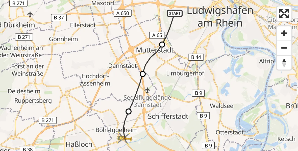 Flugroute Rettungshubschrauber Ludwigshafen am Rhein - Böhl-Iggelheim, 05 August 2026, 10:01