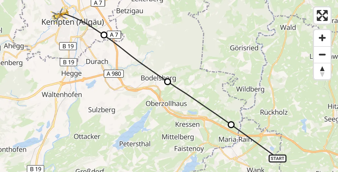 Flugroute Rettungshubschrauber Nesselwang - Kempten (Allgäu), 05 August 2026, 10:03