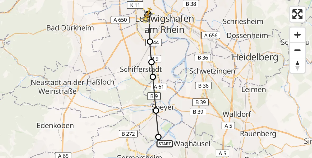 Flugroute Rettungshubschrauber Philippsburg - Ludwigshafen Accident Hospital, 05 August 2026, 10:06