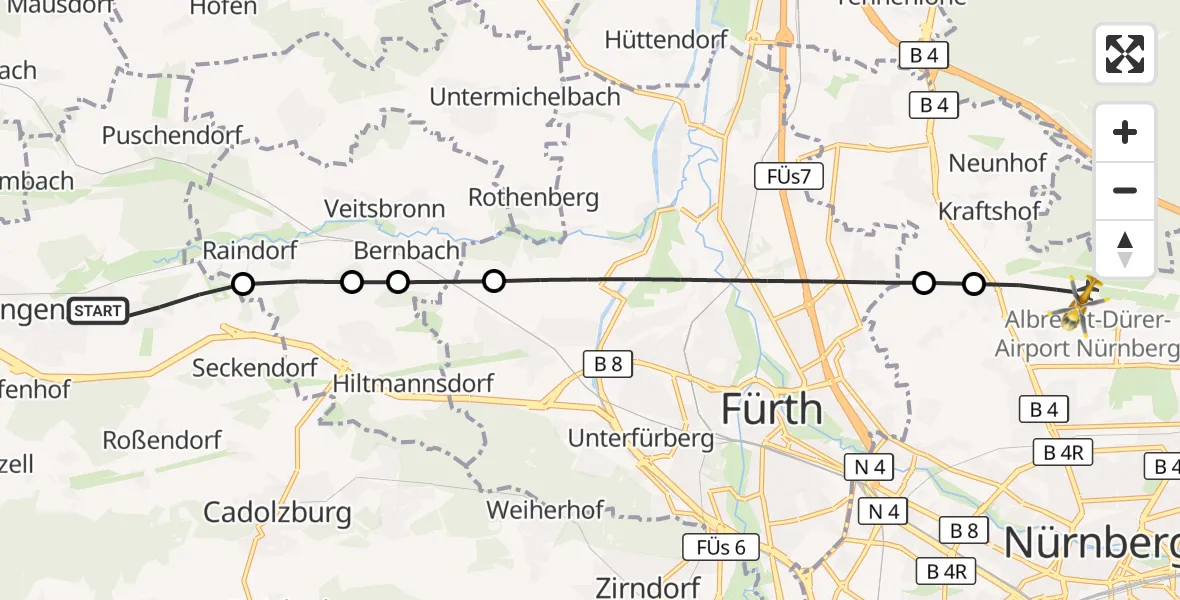 Flugroute Ambulanzhubschrauber Langenzenn - Flughafen Nuremberg, 05 August 2026, 10:08
