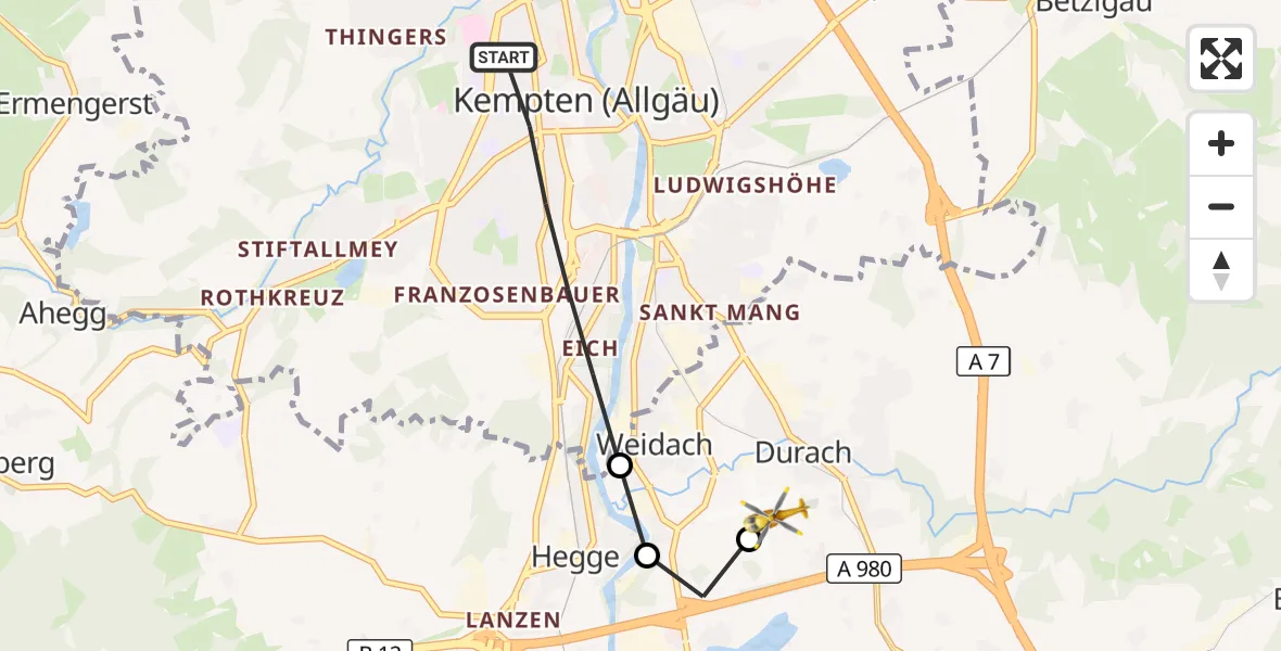 Flugroute Rettungshubschrauber Kempten (Allgäu) - Kempten-Durach Flugplatz, 05 August 2026, 10:23