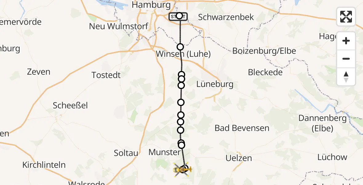 Flugroute Rettungshubschrauber Christoph Hansa ADAC Hubschrauberlandeplatz - Militärflugplatz Faßberg, 05 August 2026, 10:23