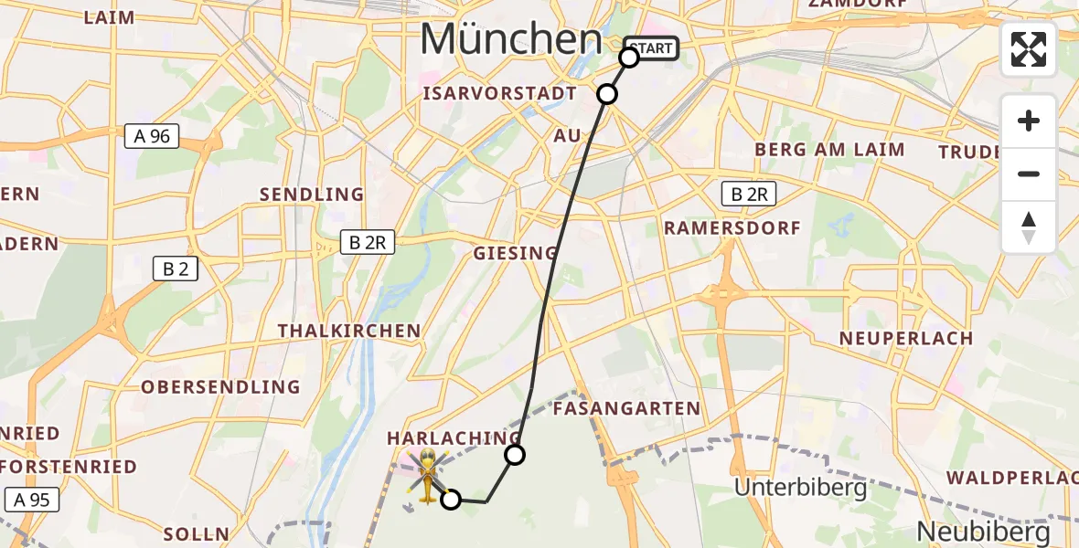 Flugroute Rettungshubschrauber Rechts der Isar University Hospital - ADAC Air Rescue Center Hubschrauberlandeplatz (Christoph 1), 05 August 2026, 10:24