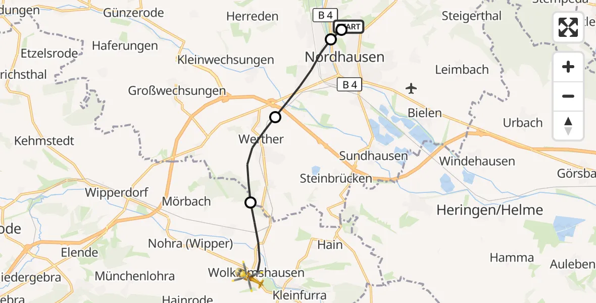 Flugroute Rettungshubschrauber Südharz Hospital Nordhausen - Bleicherode, 05 August 2026, 10:29