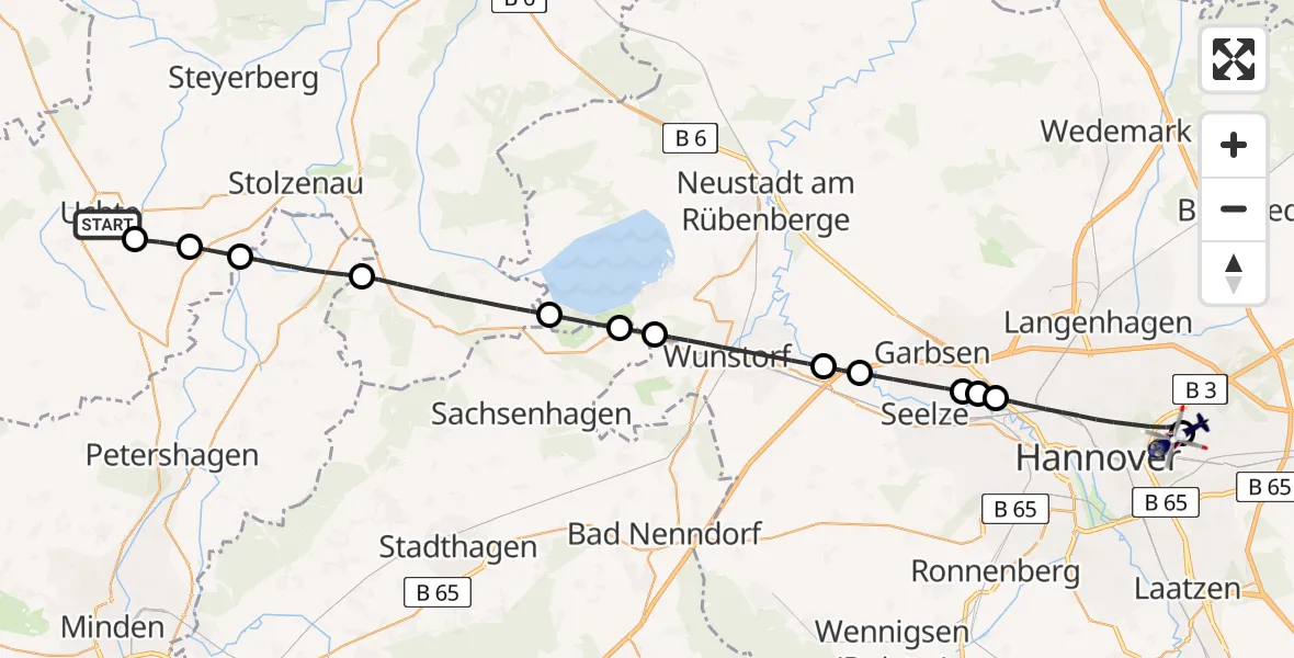Flugroute Polizeihubschrauber Uchte - Hannover Luftrettung Hubschrauberlandeplatz (Christoph 4), 05 August 2026, 10:30