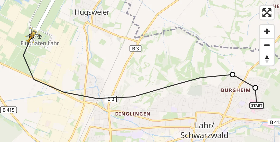 Flugroute Rettungshubschrauber Ortenau Hospital Lahr-Ettenheim - Lahr Flughafen, 05 August 2026, 10:34