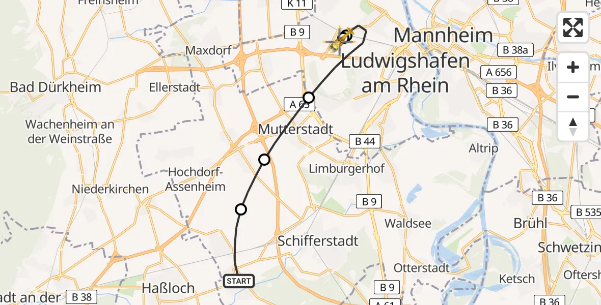 Flugroute Rettungshubschrauber Böhl-Iggelheim - Ludwigshafen Accident Hospital, 05 August 2026, 10:36