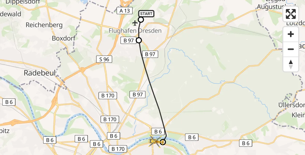 Flugroute Rettungshubschrauber Dresden Bundespolizei Hubschrauberlandeplatz - Dresden Elbwiesen Hubschrauberlandeplatz, 05 August 2026, 10:37