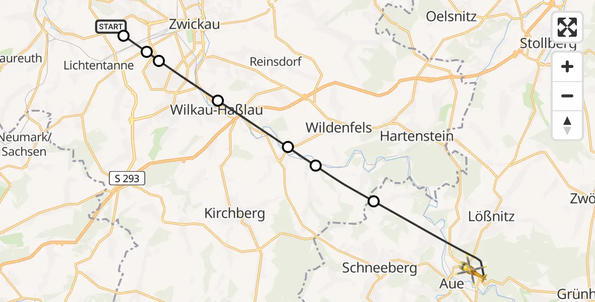 Flugroute Rettungshubschrauber ADAC Air Rescue Station Zwickau Hubschrauberlandeplatz - Helios Clinic Aue, 05 August 2026, 10:37