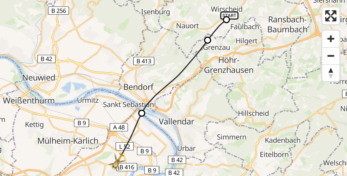 Flugroute Rettungshubschrauber Wirscheid - Koblenz, 05 August 2026, 10:38