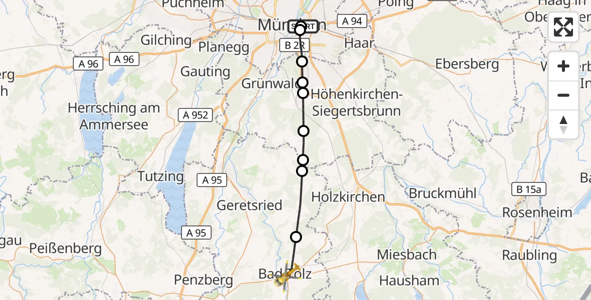 Flugroute Rettungshubschrauber Rechts der Isar University Hospital - Bad Tölz, 05 August 2026, 10:45