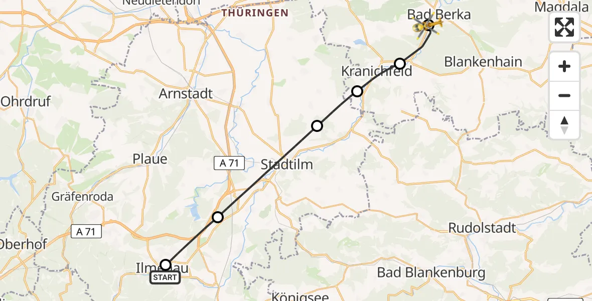 Flugroute Ambulanzhubschrauber Ilm-Kreis-Kliniken Arnstadt-Ilmenau Hubschrauberlandeplatz - Bad Berka Central Hospital, 05 August 2026, 10:50