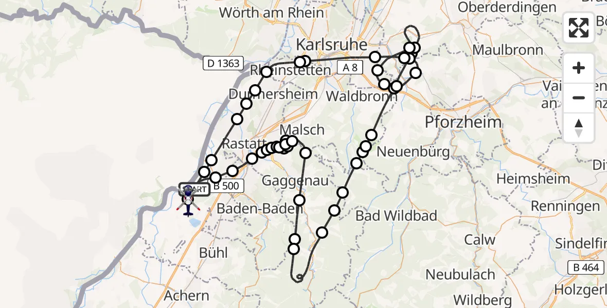 Flugroute Polizeihubschrauber Hügelsheim - Karlsruhe Baden-Baden Flughafen, 05 August 2026, 10:52