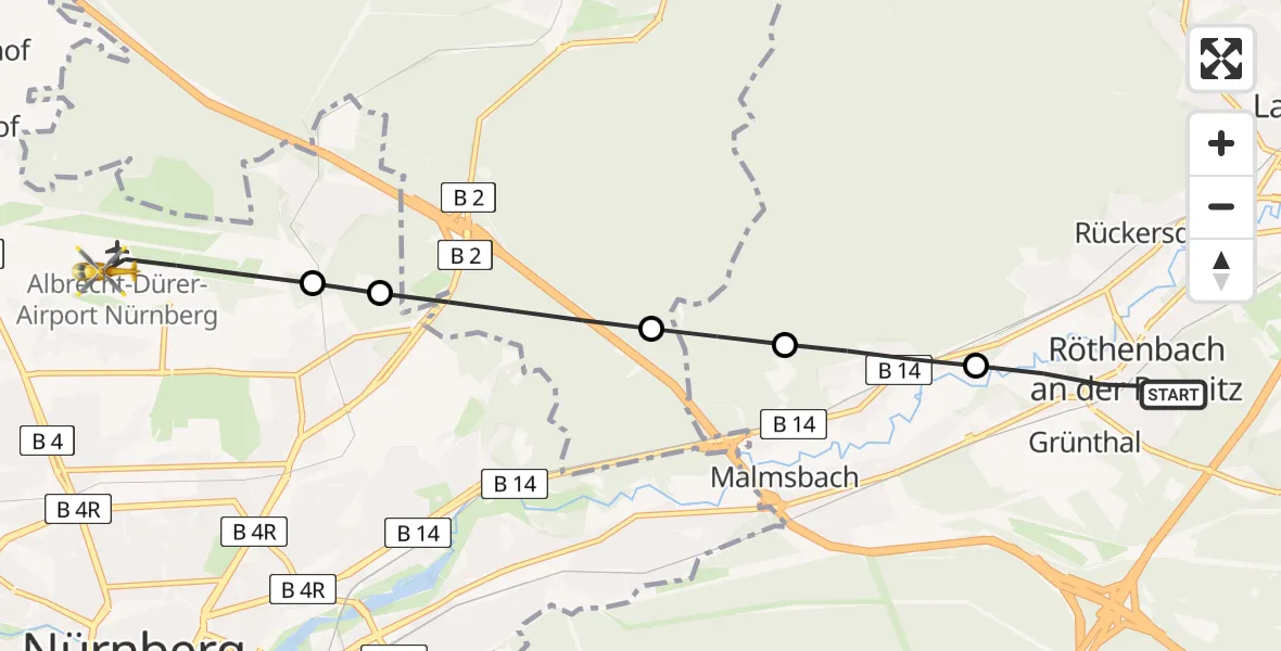 Flugroute Ambulanzhubschrauber Röthenbach a.d.Pegnitz - Flughafen Nuremberg, 05 August 2026, 10:55