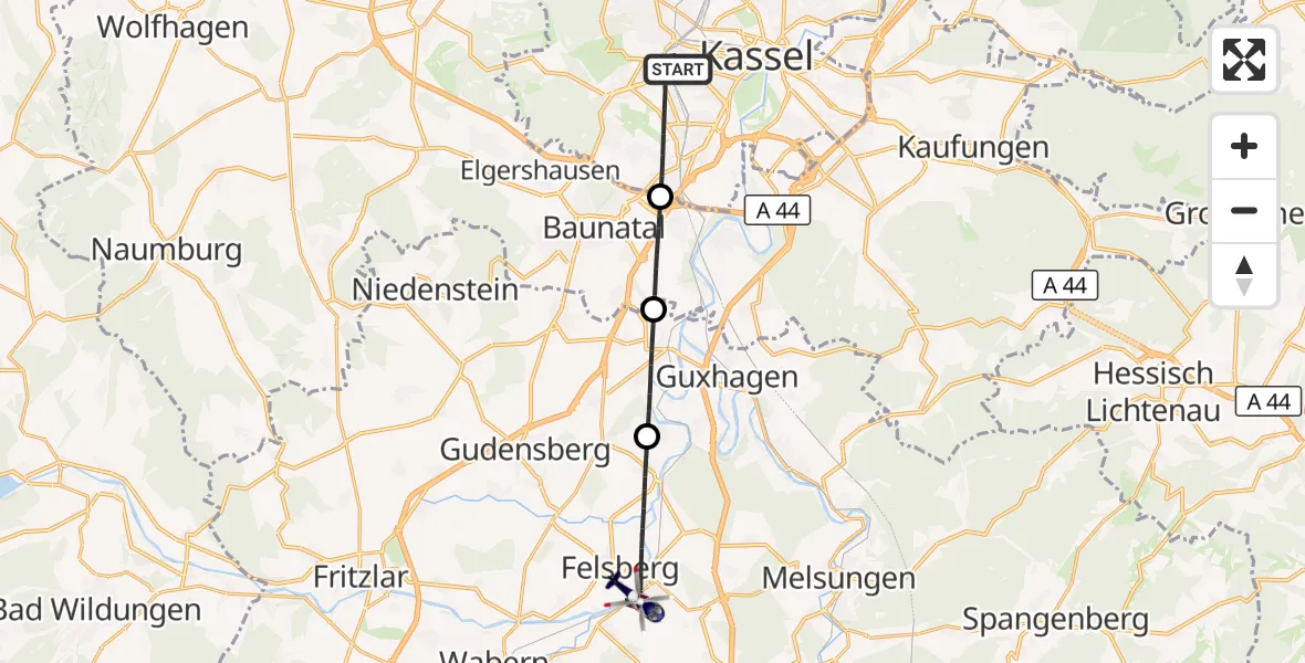 Flugroute Polizeihubschrauber Kassel - Felsberg, 05 August 2026, 11:03