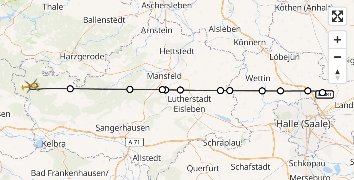 Flugroute Rettungshubschrauber Halle-Oppin Flugplatz - Südharz, 05 August 2026, 11:05