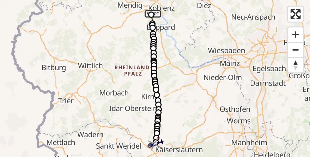 Flugroute Polizeihubschrauber Winningen - Kottweiler-Schwanden, 05 August 2026, 11:09