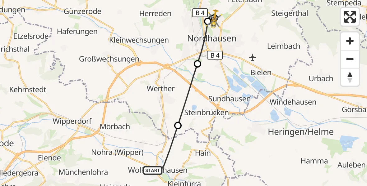 Flugroute Rettungshubschrauber Bleicherode - Südharz Hospital Nordhausen, 05 August 2026, 11:12