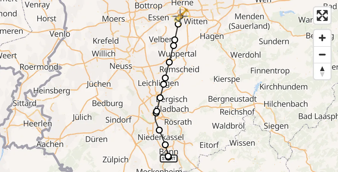 Flugroute Rettungshubschrauber Bonn University Hospital - Bochum, 05 August 2026, 11:14